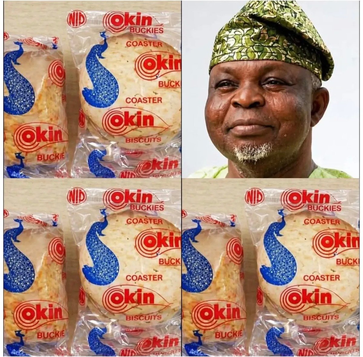 Collage of Okin biscuit and cracker packaging with blue peacock designs and a portrait of a man wearing a green headwrap